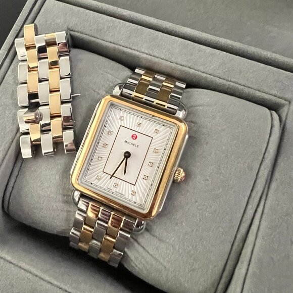 MICHELE Watch Deco Mid Diamond Dial Bracelet Watch Two-tone Gold Silver - Picture 7 of 9